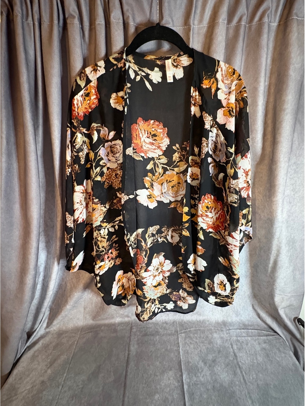 Xhilaration Floral Kimono Cardigan M/L Black Open Front 100% Polyester